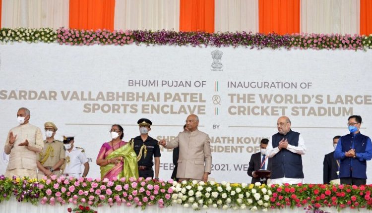 President Ram Nath Kovind and first lady Savita Kovind performed 'bhumi pujan' at Sardar Vallabhbhai Patel Sports Enclave in Ahmedabad.