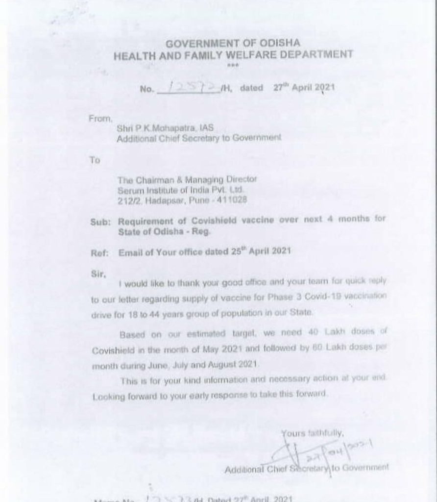 Odisha Govt writes to Serum Institute for Vaccine Supply