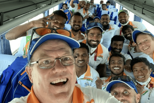 India Men's hockey team coach Graham Reid share a picture after the team won Bronze medal in Tokyo Olympics