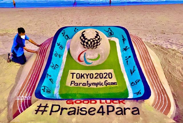 Sudarsan Pattnaik creates sand art sending best wishes to for the Indian contingent as they start their campaign at the Paralympic Games in Tokyo 2020.