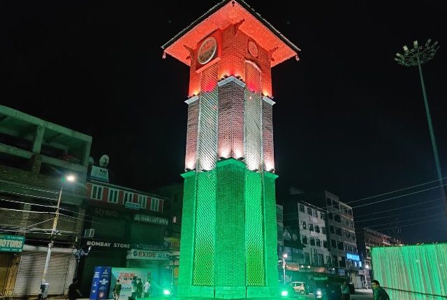 The Clock Tower ('Ghanta Ghar') at Lal Chowk in Jammu and Kashmir's Srinagar illuminated in Tricolour on Saturday, ahead of India's Independence Day.