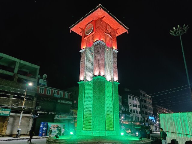 The Clock Tower ('Ghanta Ghar') at Lal Chowk in Jammu and Kashmir's Srinagar illuminated in Tricolour on Saturday, ahead of India's Independence Day.