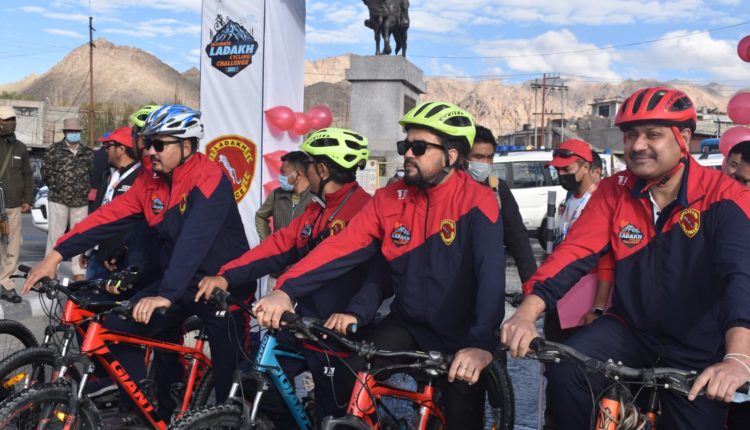 Union Minister Anurag Thakur flags off the 2nd edition of ‘Ultimate Ladakh Cycling Challenge at Leh, Ladakh