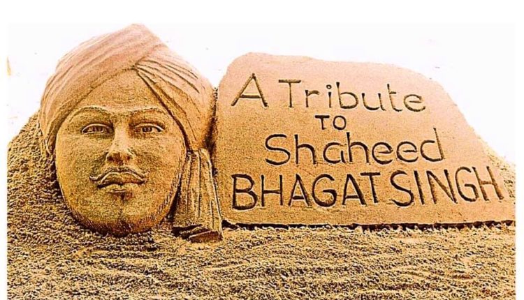 Sand artist Sudarsan Pattnaik creates sand art on the occasion of birth anniversary of Shaheed Bhagat Singh.