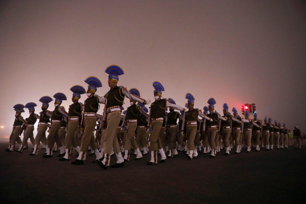 Indian Army contingent rehearsing for the 73rd Republic Day Parade at Rajpath, New Delhi