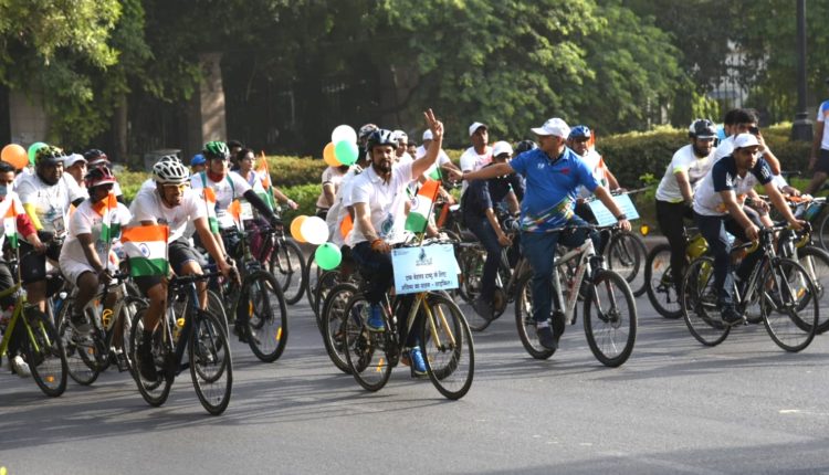 Youth Affairs and Sports Minister Anurag Thakur launches nationwide 'Fit India Freedom Rider Cycle Rally' at Major Dhyan Chand Stadium in New Delhi on World Bicycle Day.