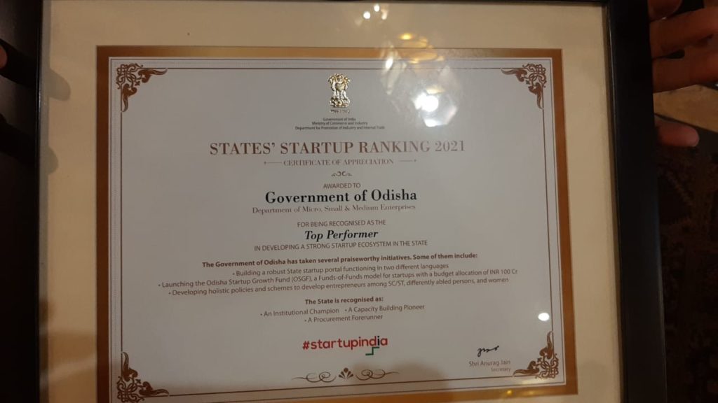 Odisha declared as Top Performer in State Start-up Ranking 2021