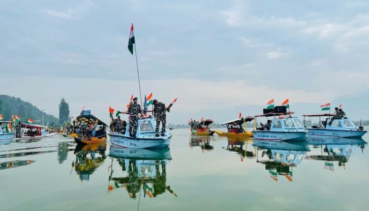 Srinagar CRPF displays Tiranga in Dal lake. The Shikaras and patrolling boats are seen with the tricolour