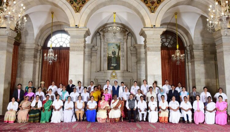 51 nursing professionals conferred with National Florence Nightingale Award for 2021 by President Droupadi Murmu at Rashtrapati Bhavan in New Delhi
