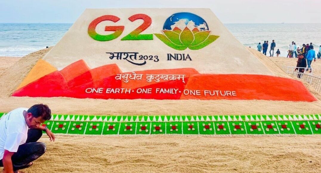 On the historical day of India assuming G20 Presidency, renowned sand artist Sudarsan Pattnaik created sand art at Konark Sun Temple on G20 India logo & theme of Vasudhaiva Kutumbakam.