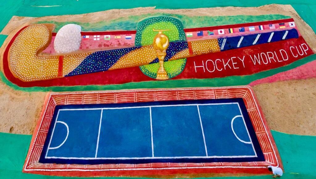 Internationally-acclaimed sand artist Sudarsan Pattnaik’s 105-feet-long sand hockey stick created world record for being the largest one