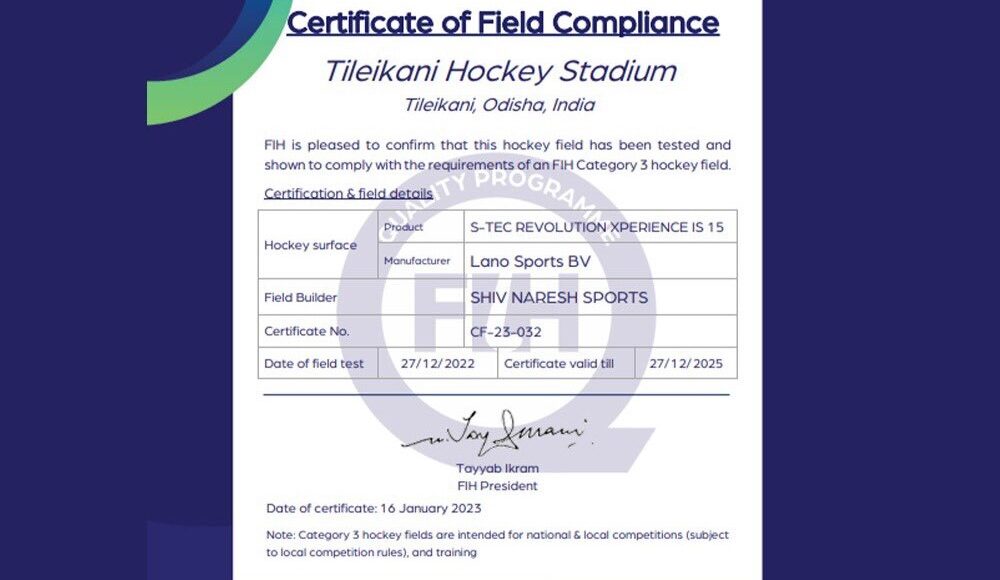 Hockey World Cup 2023: Tileikani Hockey Stadium in Sundargarh district received FIH Category 3 Hockey field certificate.