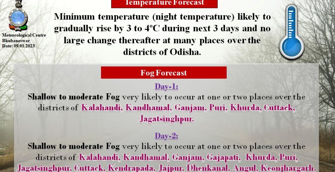 Shallow to moderate fog is likely to occur at one or two places across Odisha for the next two days, informed the Bhubaneswar Meteorological Centre.