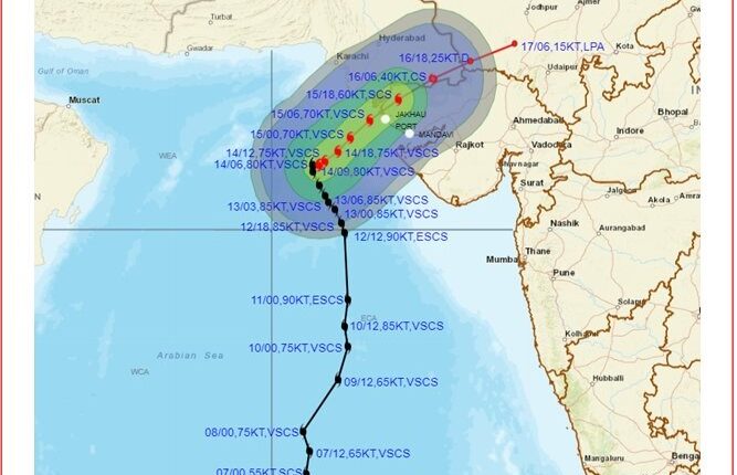 Cyclone Biparjoy to cross as a very severe cyclonic storm with a maximum sustained wind speed of 125-135 kmph gusting to 150 kmph tomorrow: IMD.