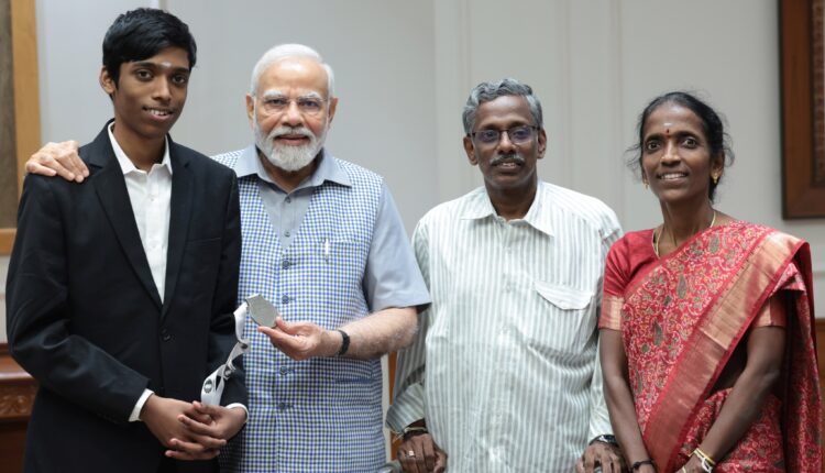 Prime Minister Narendra Modi meets Chess Prodigy R Praggnanandhaa, days after he made history by bagging silver medal in the FIDE World Cup.