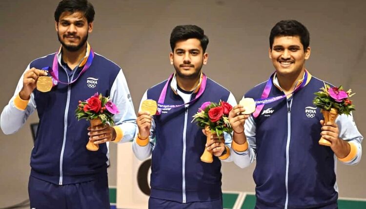 India strikes Gold Medal in Men's 50m Rifle 3Ps Team featuring Aishwary Pratap Singh Tomar, Swapnil kusale and Akhil Sheoran in the Asian Games 2022.