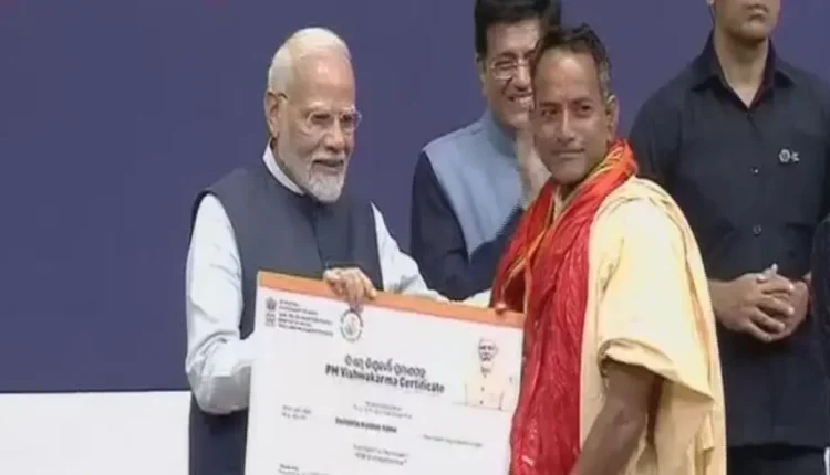PM Narendra Modi felicitated several artisans from across the country, including one from Odisha Basanta Kumar Rana from Puri, while launching Vishwakarma Yojana in New Delhi.