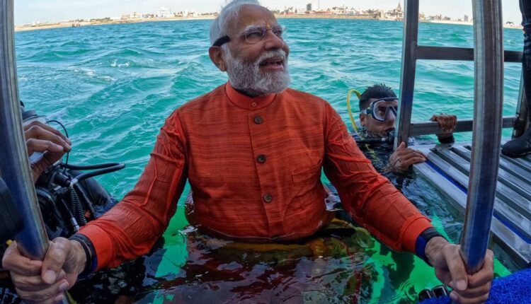 Prime Minister Narendra Modi dives into Arabian Sea to perform underwater puja in submerged ancient Dwarka.