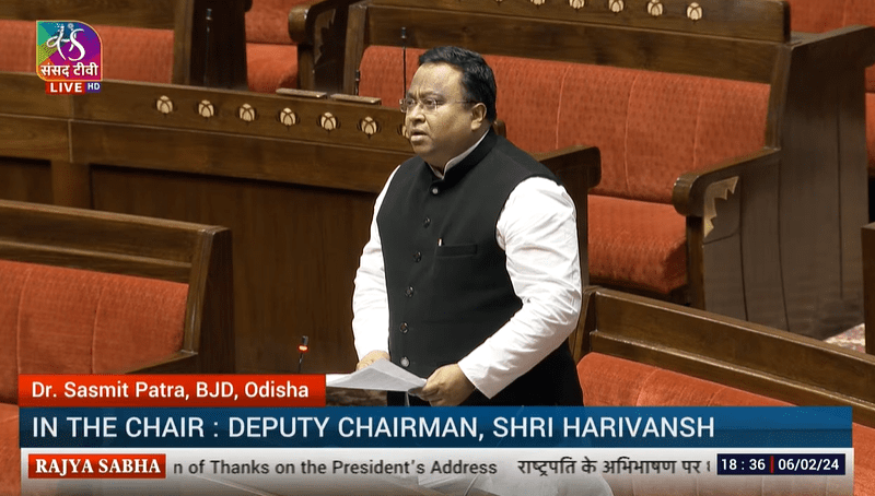 Sasmit Patra supports Motion of Thanks in Parliament; places Odisha’s Demands