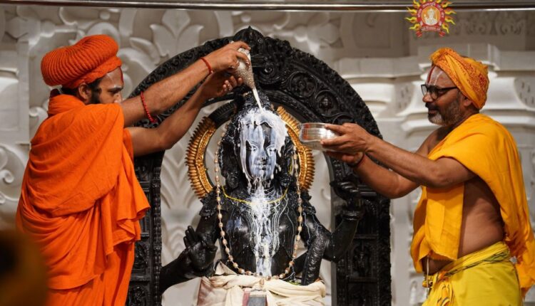 Abhisheka of Ram Lalla performed at the Ram Temple in Ayodhya, Uttar Pradesh on the occasion of Ram Navami.