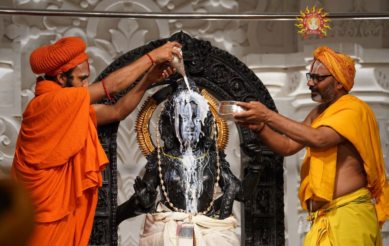 Abhisheka of Ram Lalla performed at the Ram Temple in Ayodhya, Uttar Pradesh on the occasion of Ram Navami.