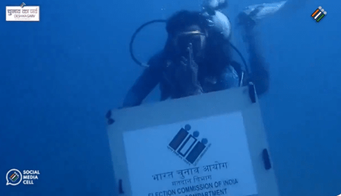 In a unique voter awareness initiative, scuba divers in Chennai dove into the sea, sixty feet underwater in Neelankarai to enact the voting process.