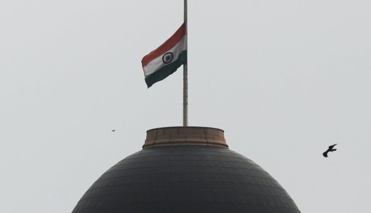 National flag at Rashtrapati Bhavan flies at half-mast as mark of one-day national mourning in India following the death of Iranian President Ebrahim Raisi.