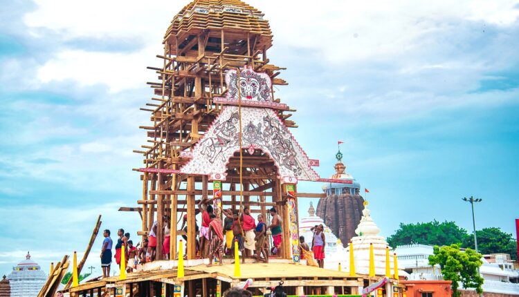 Construction of 3 chariots in full swing ahead of the Ratha Jatra in Puri. 12 doors of 3 chariots are connected to the chariot in Ratha Khala.
