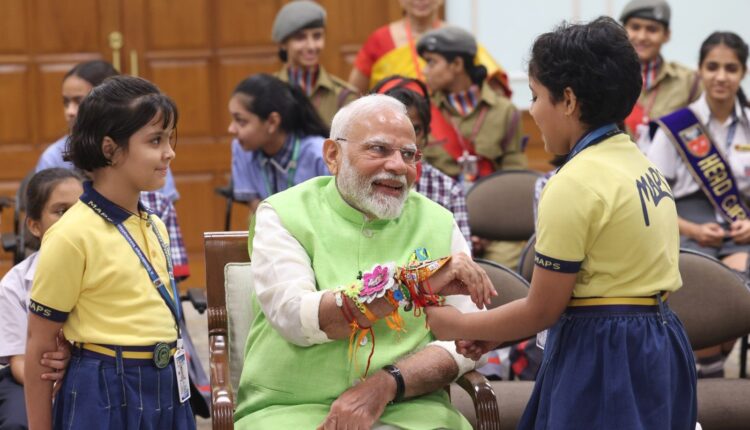 Children from several schools in Delhi tied handmade rakhis to Prime Minister Narendra Modi, on the auspicious occasion of Raksha Bandhan.