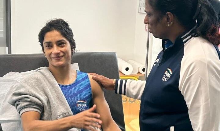 Indian Olympic Association (IOA) President PT Usha meets Indian Wrestler Vinesh Phogat, at the Hospital in Olympic Village in Paris.