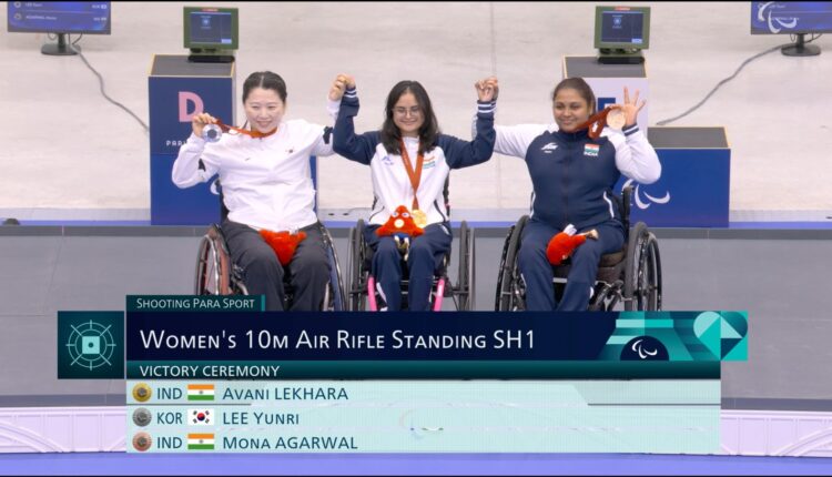 Indian shooters Avani Lekhara wins Gold medal and Mona Agarwal wins Bronze in the Women’s 10m Air Rifle Standing SH1 event at the Paris Paralympics 2024.