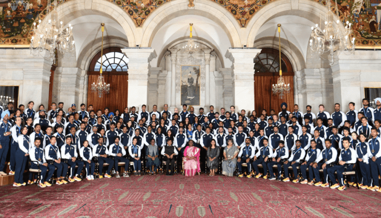 President Droupadi Murmu met the Indian Contingent of the Paris Olympics 2024 at Ganatantra Mandap, Rashtrapati Bhavan.