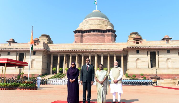 President Droupadi Murmu and Prime Minister Narendra Modi receive Maldives President Mohamed Muizzu at the Rashtrapati Bhavan, in Delhi.