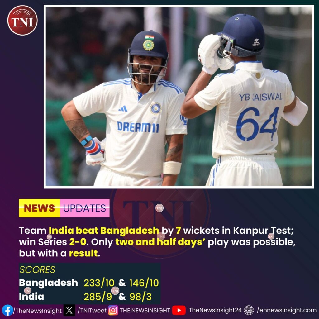 India beat Bangladesh by 7 wickets in Kanpur Test