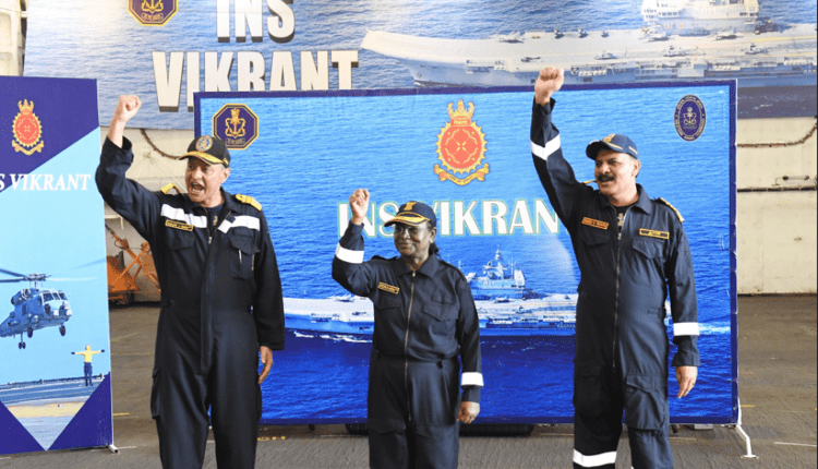 President Droupadi Murmu embarked on the Indigenous aircraft carrier INS Vikrant at sea off Goa