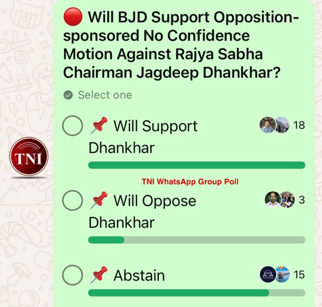 TNI WhatsApp Poll on BJD's role in 'No Confidence Motion' against Jagdeep Dhankhar