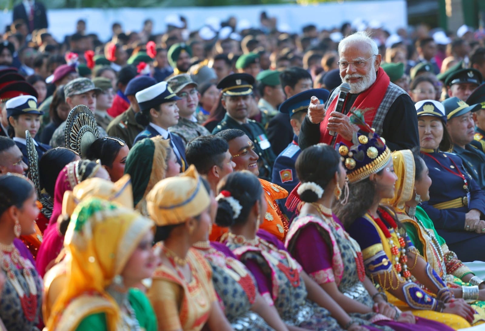 PM Narendra Modi interacts with NCC Cadets, NSS Volunteers, Tribal Guests and Tableaux Artists ahead of Republic Day 2025 Celebrations.