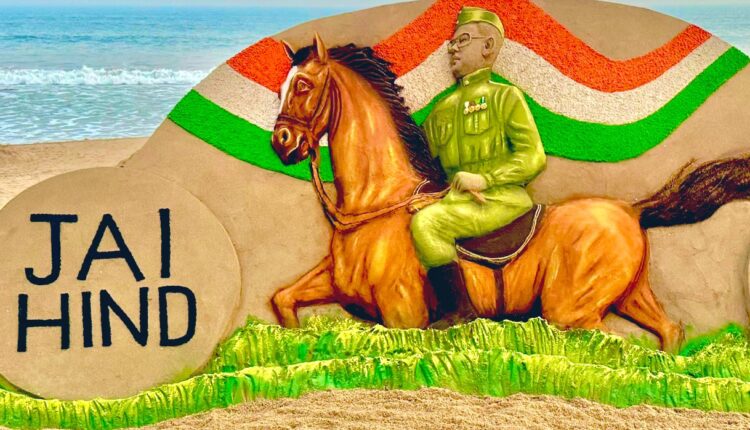 On the occasion of Subas Chandra Bose Jayanti renowned sand artist Sudarsan Pattnaik has created a sand sculpture of Netaji with the message "Jai Hind" at Puri beach. 