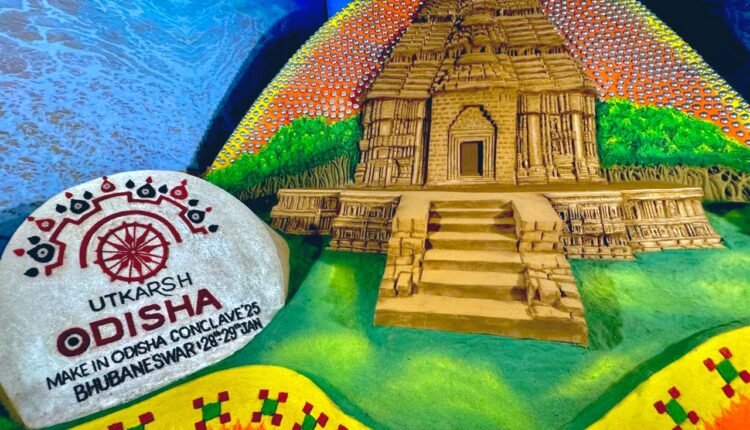 Sand Artist Sudarsan Pattnaik makes a replica of Konarak Temple for the Make In Odisha Conclave 2025 at Janta Maidan, Bhubaneswar.