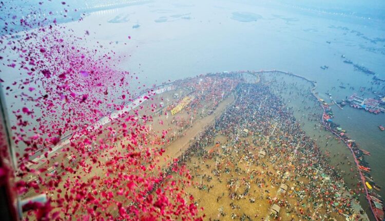 Maha Kumbh: Flower petals showered on saints and devotees as more than 6.22 million devotees take holy dip in the Triveni Sangam on Basant Panchami.