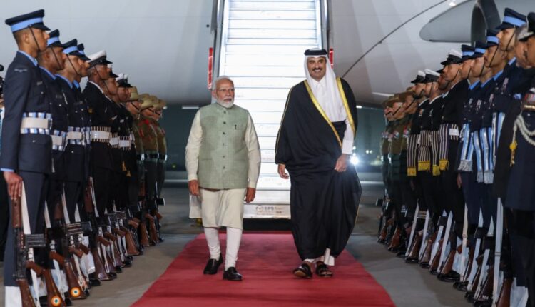 Prime Minister Narendra Modi receives Amir of the State of Qatar, Sheikh Tamim Bin Hamad AL Thani at Delhi Airport.