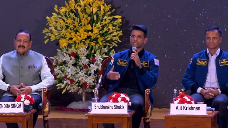 Group Captain Shubhanshu Shukla attends the 2nd National Space Day program organised by ISRO at Bharat Mandapam.