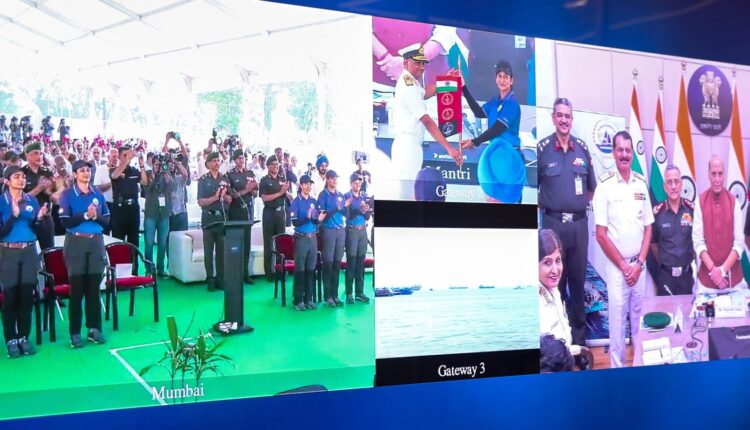Defence Minister Rajnath Singh flags off first ever tri-services all-women circumnavigation sailing expedition Samudra Pradakshina.