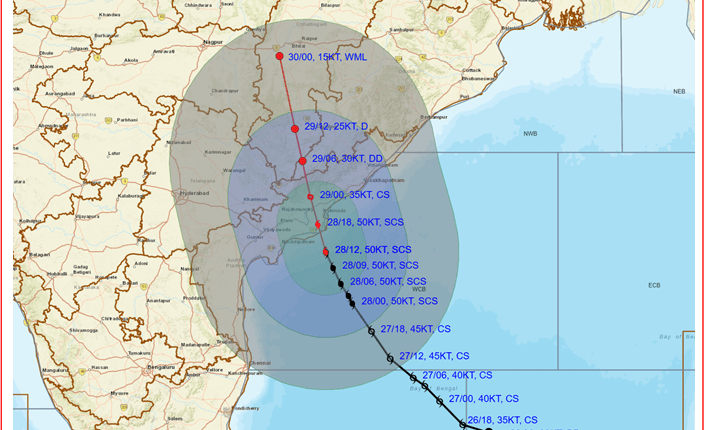 Severe Cyclonic Storm “Montha” will continue to move north-northwestwards and cross Andhra Pradesh & Yanam coasts between Machilipatnam and Kalingapatnam around Kakinada.
