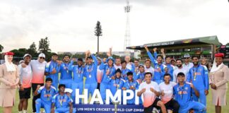 India U19 (411-9) beat England U19 (311) by 100 runs to emerge ICC Under 19 Cricket World Cup champions. Suryavanshi scres 175 off 80 balls.