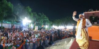 Prime Minister Narendra Modi addresses the BJP workers at the party headquarters in New Delhi after a resounding victory in Assam and massive surge in Bengal.