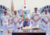 Defence Minister Rajnath Singh commissions INS Mahendragiri into Indian Navy in Visakhapatnam.