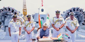 Defence Minister Rajnath Singh commissions INS Mahendragiri into Indian Navy in Visakhapatnam.