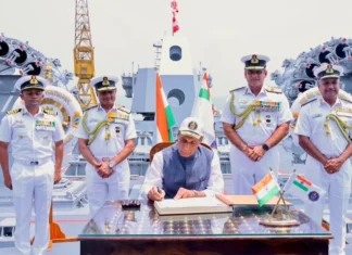Defence Minister Rajnath Singh commissions INS Mahendragiri into Indian Navy in Visakhapatnam.